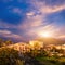 Sunset in mountain of Puerto de la Cruz, Tenerife, Spain. Tourist hotel Resort. Sunset