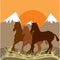 Sunset mountain scenery and three horses.