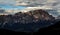 Sunset mountains landscape panoramic view. Dolomites peak.