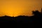 Sunset with mountains and palm leaves in desert