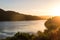 Sunset at the mouth of the Valdivia River, near the city of the same name, in the Region of the Rivers, in southern Chile