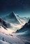 Sunset and night sky above abstract alpine mountain landscape with peaks covered by snow and clouds made with generative AI