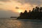 Sunset, ocean and coconut trees near paradisiac island