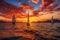 Sunset on the ocean with sailing yachts on the horizon