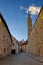 Sunset in old street of Bratislava, castle and church in the evening, Slovakia