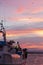 Sunset orange sky birds boat White boat