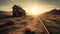 Sunset over abandoned railroad track in rural landscape generated by AI