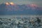 Sunset over Atacama salar and Chaxa lagoon with flamingoes