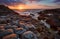 Sunset over basalt columns Giant`s Causeway, County Antrim, Northern Ireland