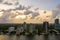 Sunset over Brickell Miami FL with bayfront condominiums