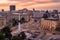 Sunset over Bucharest city centre in summer time aerial view  over royal palace , Romania