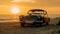 Sunset over the Caribbean coastline, an old fashioned vintage car driving generated by AI