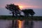 Sunset over the Chobe River with people camping on the bank