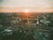 Sunset over the city of Barnaul. The view from the top. Photo from drone, quadrocopter. Altai region, Russia