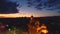 Sunset over the city and sea lake. Aerial view of Varna, Bulgaria and The Cathedral of Assumption.