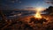 Sunset over the coastline, flames dance on the campfire, nature beauty generated by AI