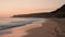 Sunset over the coastline, sand and water create a tranquil scene generated by AI