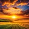 Sunset over the field Captivating majestic landscape with stunning light and rolling colorful