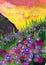 Sunset over a flowering mountain meadow. Children`s drawing