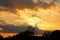 Sunset over the forest.Bright clouds,golden rays,dark clouds.