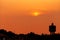 Sunset over the fortress city of Palmanova, visible the old aqueduct, piezometric tower water tank.