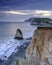 Sunset over Freshwater Bay towards Tennyson`s Monument, Isle of Wight