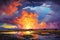 Sunset over the lake with clouds in the sky. Digital painting, cumulonimbus sunset impasto post impressionism neon vibrant