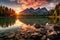 Sunset over the lake in the Dolomites, Impressive summer sunrise on Eibsee lake with Zugspitze mountain range, AI Generated