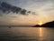 Sunset over Lake Geneva with mountain and boat in view