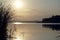 Sunset over the lake. Warm summer quiet evening. Landscape. Clouds and bright colors of the sky