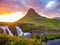 Sunset over landscape of Kirkjufell Mountain and Kirkjufell Waterfalls