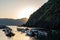 Sunset over Liguarian sea. Boats anchored in Vernazza. View of nature in Cinque Terre