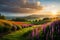 Sunset over lupine fields in the Carpathian Mountains