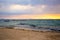 Sunset over Madagascar Nosy be beach with boat silhouettes