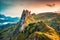 Sunset over majestic rocky mountain ridge of Saxer Lucke, Swiss Alps in autumn at Switzerland