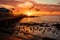 sunset over mediterranean sea with birds flying toward dock stock photo, in the style of free brushwork, calming, hd, wood