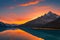 a sunset over a mountain lake with mountains generated by ai