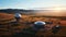 Sunset over the mountains, a futuristic factory generates electricity generated by AI