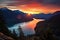 sunset over mountains and lake Wispy Clouds Over Lake at Sunset