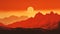 Sunset Over Mountains: A Red And Amber Drawing In The Style Of Saul Bass