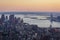 Sunset over New York, Ellis Island and Liberty Island - Aerial v