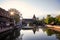 Sunset over old medieval bridge over Pegnitz river in Nuremberg, Germany