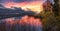 Sunset over the rich marshlands on the shores of the Upper Zurich lake Obersee along the wooden bridge, Rapperswil-Jona, Sankt