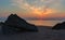 Sunset over the Sea of Azov on Generals beach. Karalar regional landscape park in Crimea.