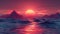 Sunset over serene ocean with mountain silhouette