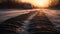 Sunset over snowy landscape, frozen trees, slippery roads, dangerous travel generated by AI