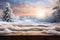 Sunset over a snowy wooden table on a crisp winter day