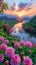 Sunset Over a Tranquil River Flanked by Blossoming Flowers. Generative ai
