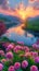 Sunset Over a Tranquil River Flanked by Blossoming Flowers. Generative ai