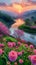 Sunset Over a Tranquil River Flanked by Blossoming Flowers. Generative ai